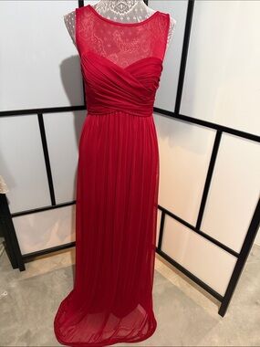 David's Bridal Red Lace Yoke Ruched Maxi Gown